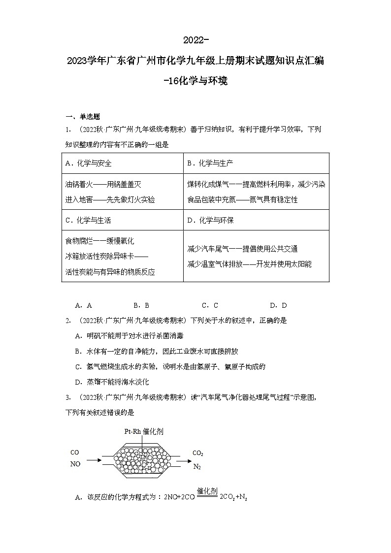 2022-2023学年广东省广州市化学九年级上册期末试题知识点汇编-16化学与环境第1页