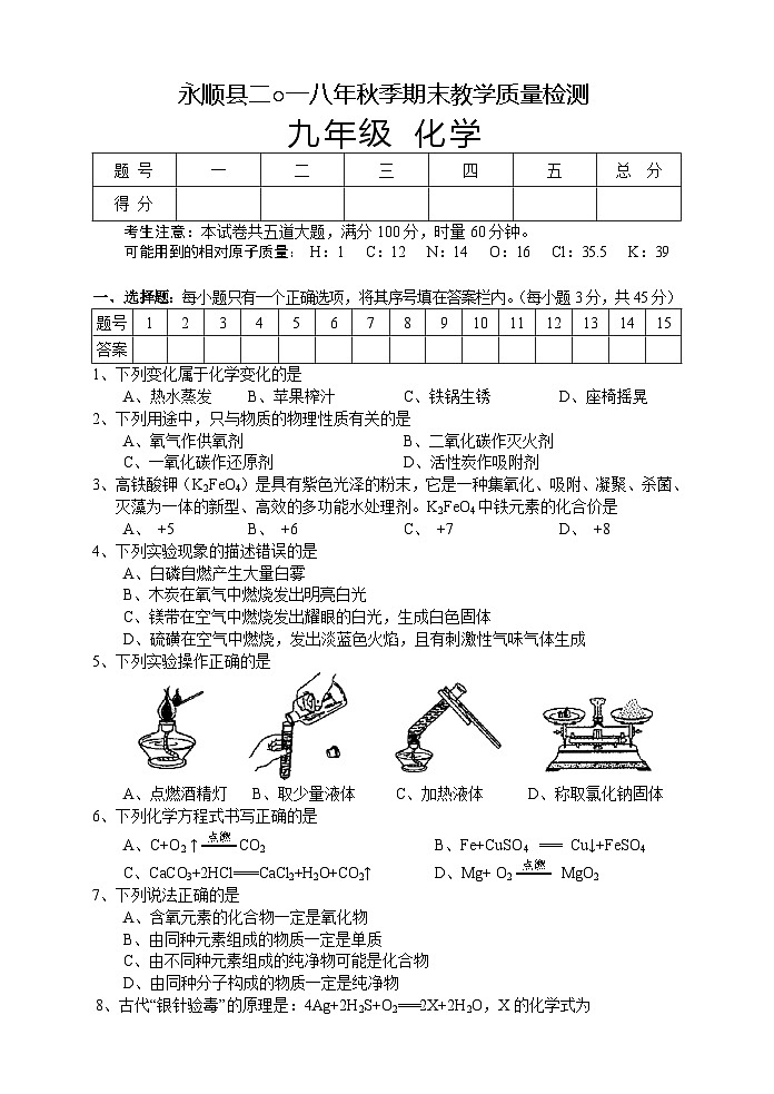 湖南省湘西州永顺县2018-2019学年九年级上学期期末教学质量检测化学试题第1页