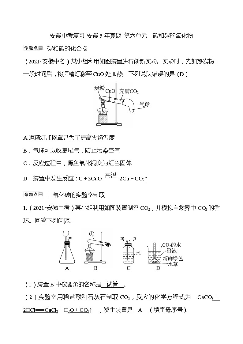 备战2023 人教版化学中考复习  安徽5年真题 第六单元　碳和碳的氧化物（安徽版）01