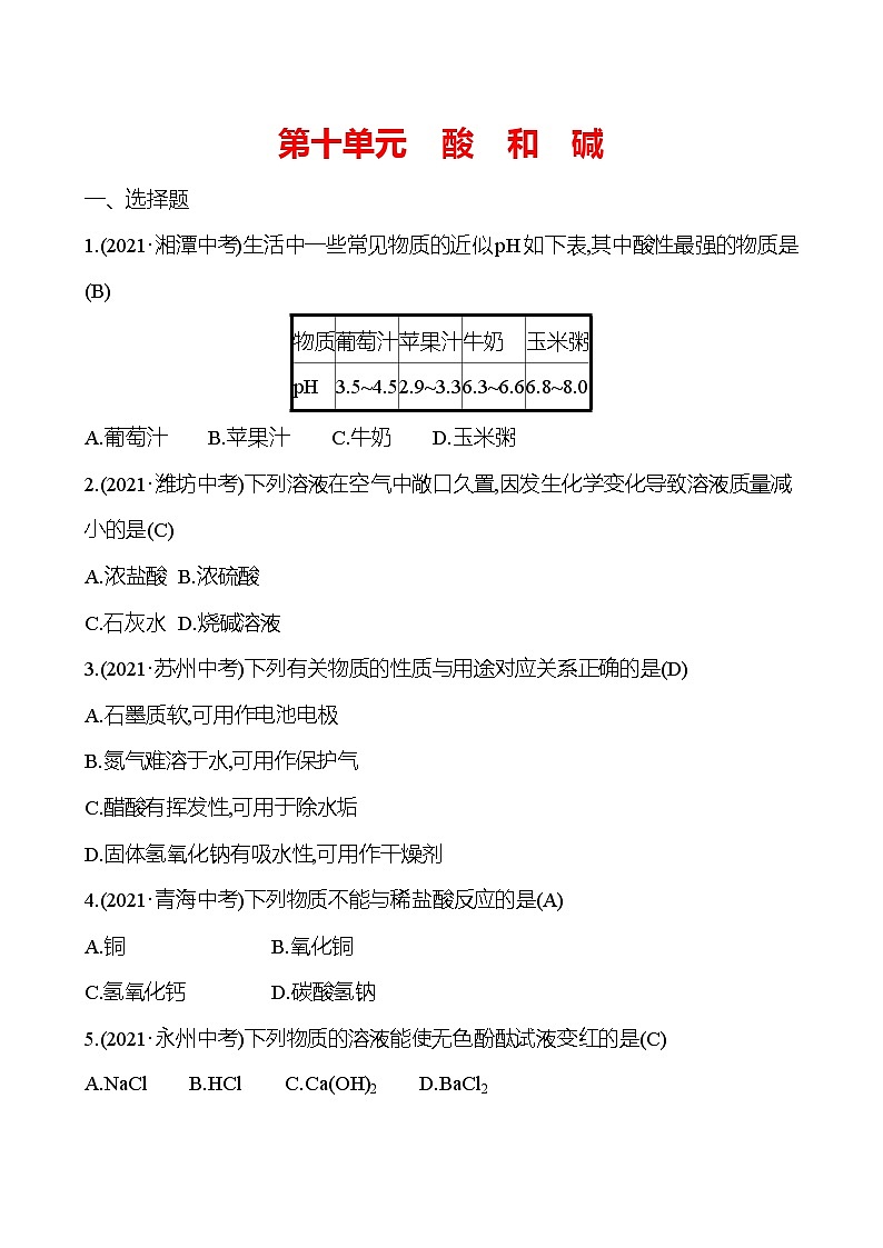 安徽中考复习 高效提分作业 第十单元　酸　和　碱 (教师版)第1页