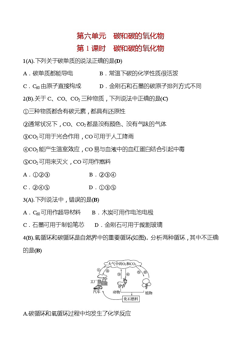 福建 初中化学 中考一轮复习 第六单元 第1课时 碳和碳的氧化物（教师版）(高效提分练习)第1页