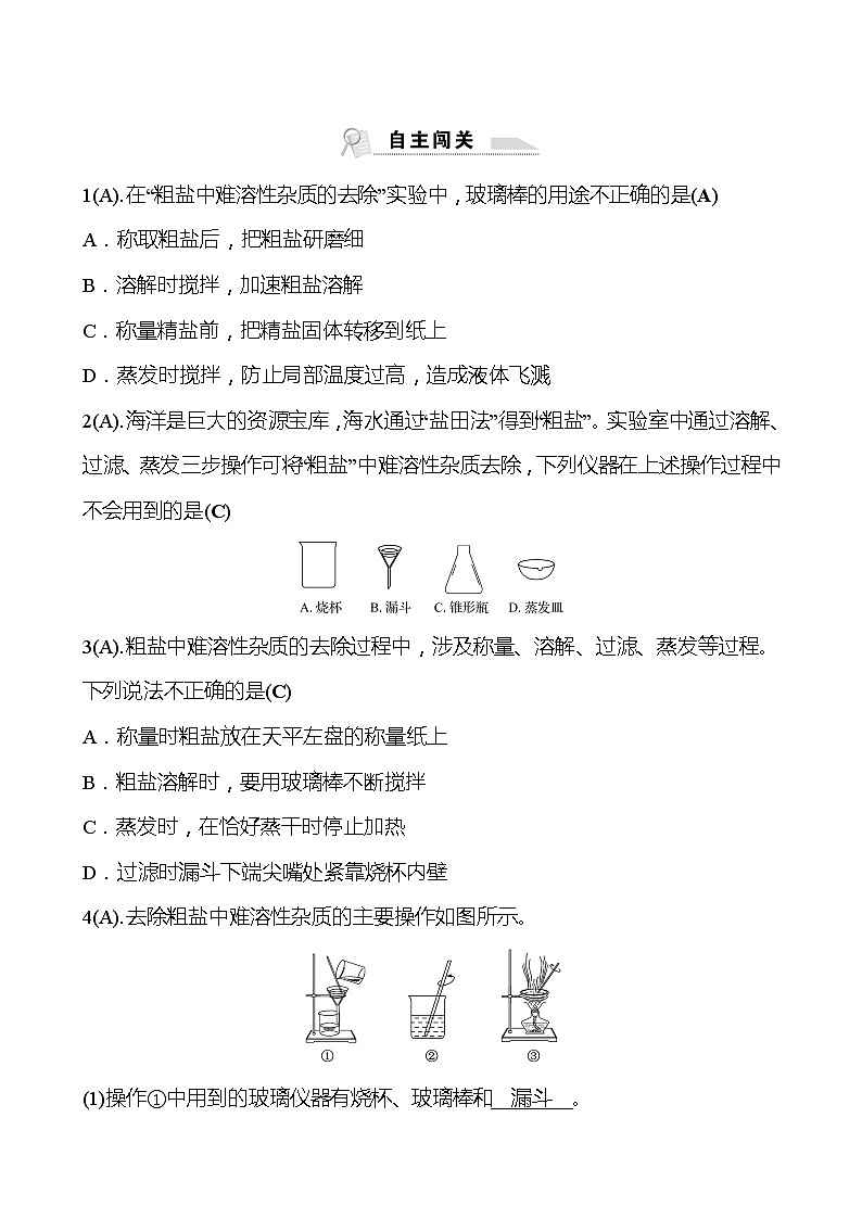 福建 初中化学 中考一轮复习 第十一单元 第3课时 粗 盐 提 纯（教师版）(高效提分练习)第2页