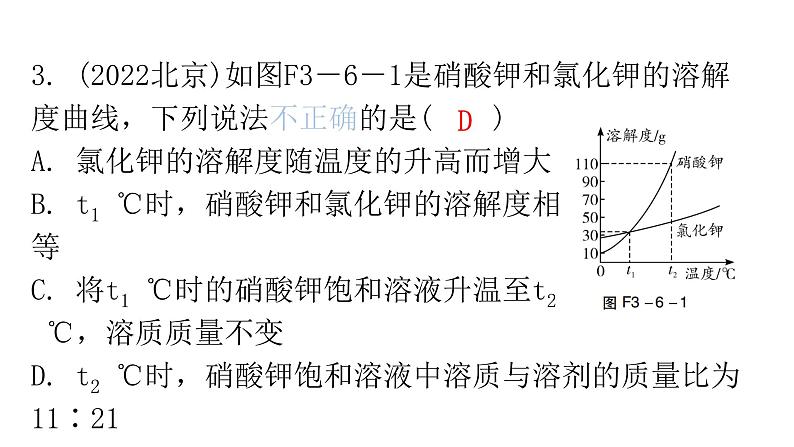 中考化学复习物质的性质与应用第6节溶液的饱和性和溶解度分层作业课件第4页