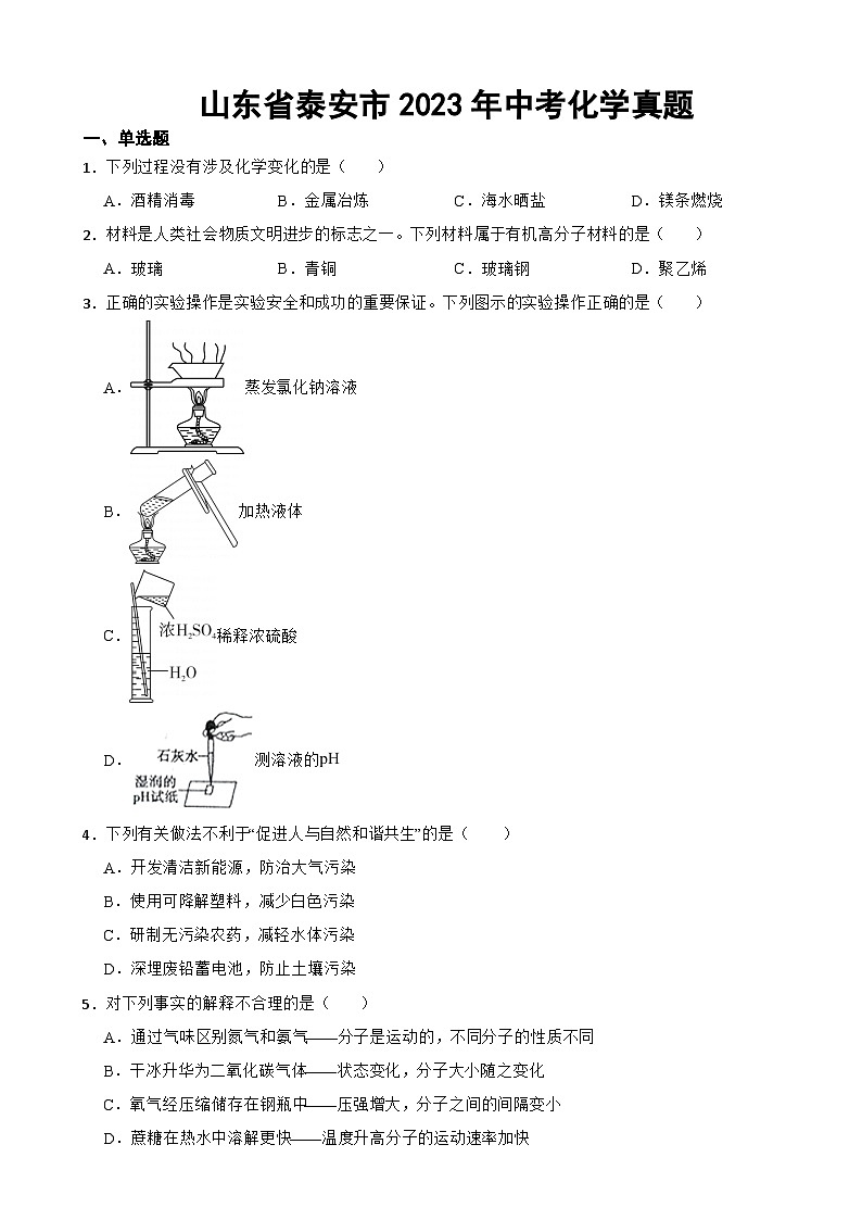 山东省泰安市2023年中考化学真题附答案01