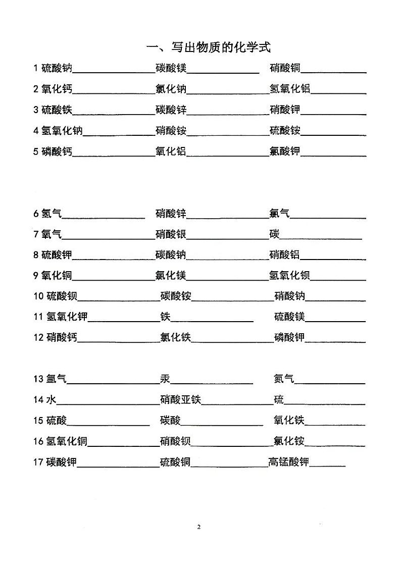 人教版九年级全册《化学》全册内容默写手册，中考总复习 试卷02