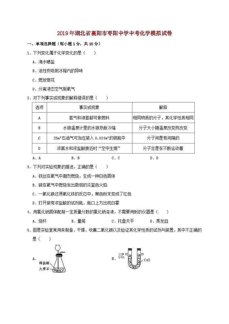 湖北省襄阳市枣阳中学2019年中考化学模拟试卷（含解析）01