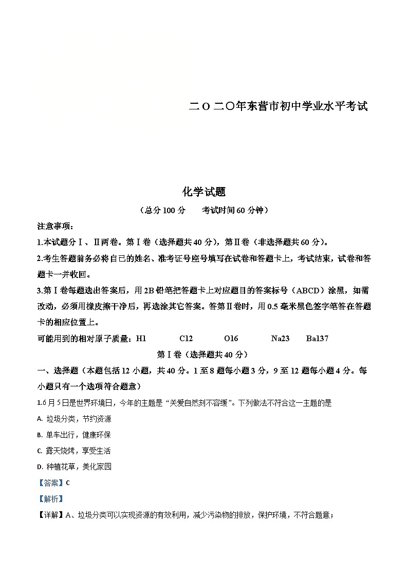山东省东营市2020年中考化学试题（含解析）01