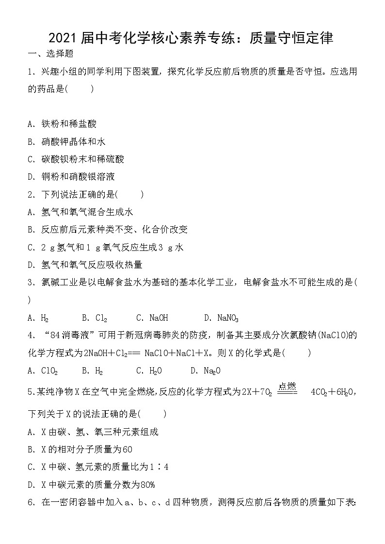 中考化学一轮复习核心素养专练：质量守恒定律 (含答案)第1页