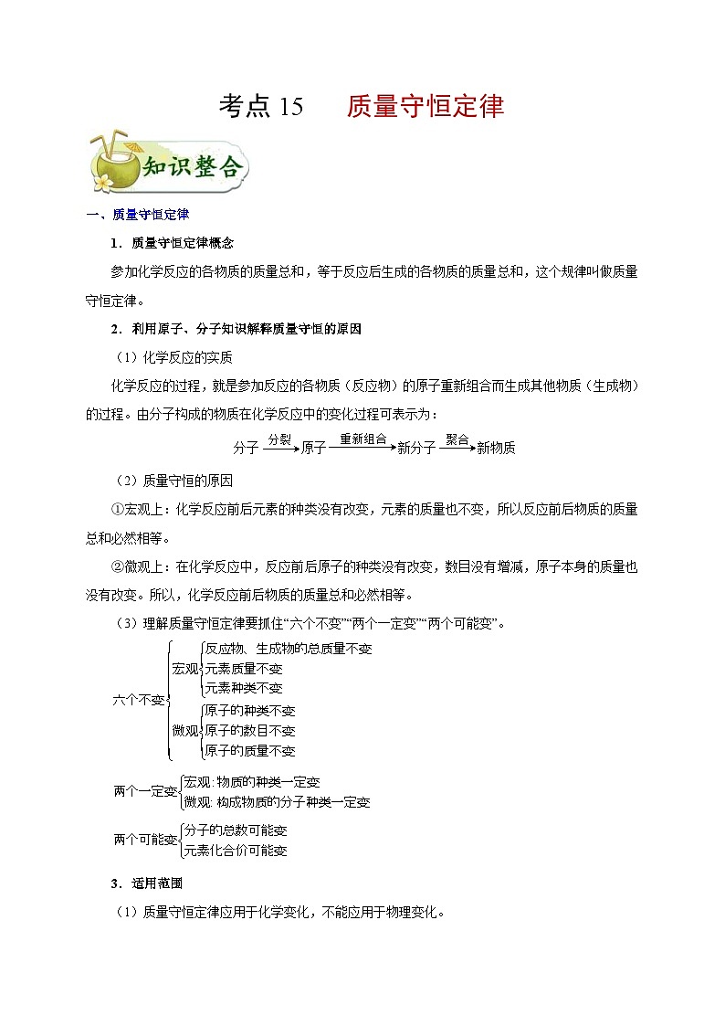 中考化学一轮复习知识点梳理+过关练习考点15 质量守恒定律 (含解析)01