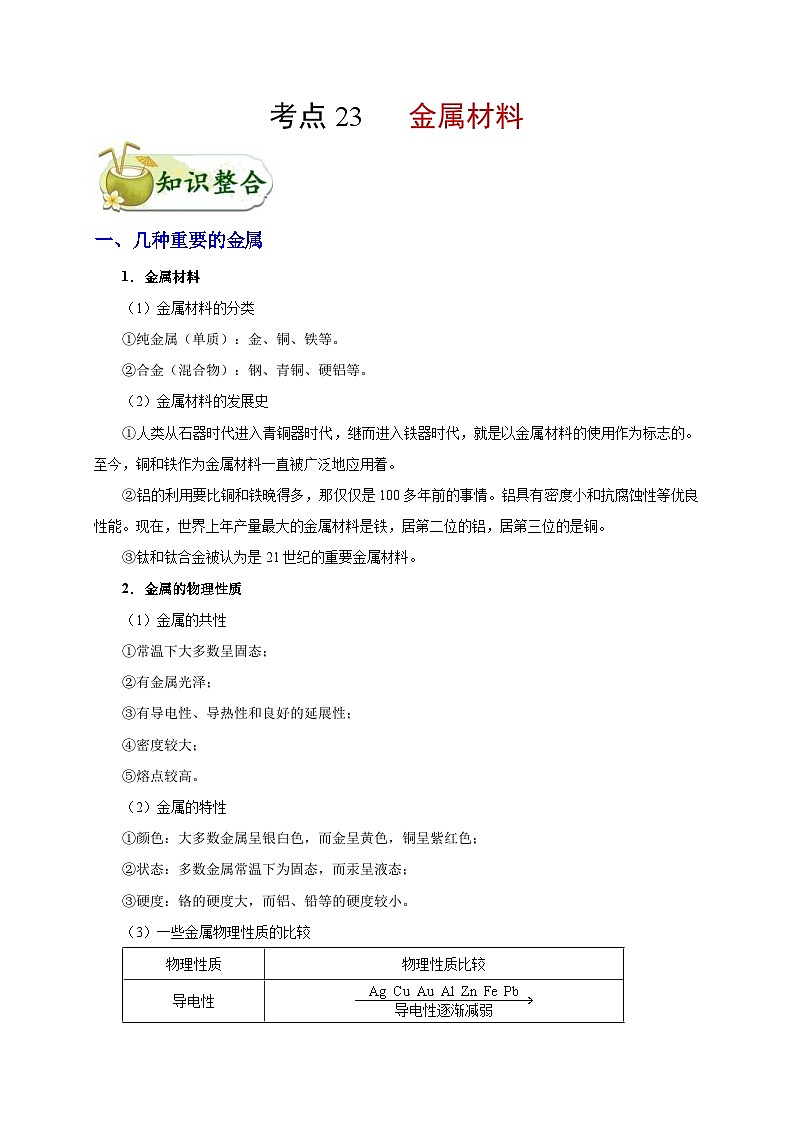 中考化学一轮复习知识点梳理+过关练习考点23 金属材料 (含解析)第1页