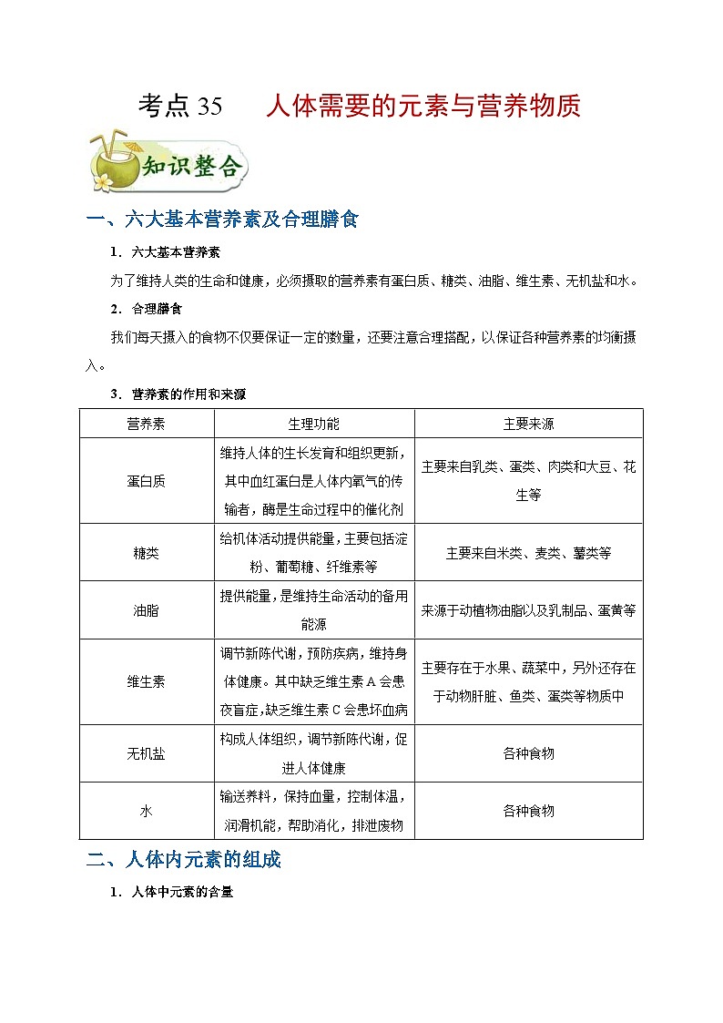 中考化学一轮复习知识点梳理+过关练习考点35 人体需要的元素与营养物质 (含解析)第1页