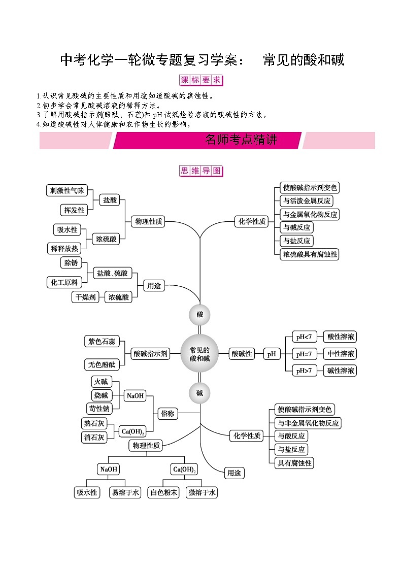 中考化学一轮微专题复习学案：常见的酸和碱 (含答案)第1页