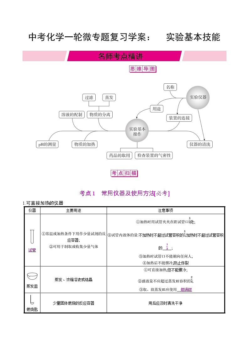 中考化学一轮微专题复习学案：实验基本技能 (含答案)01