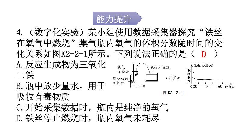 人教版九年级化学第二单元2氧气课时1氧气的性质分层作业课件第4页