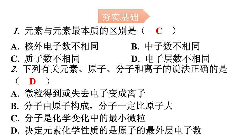 人教版九年级化学第三单元3元素课时1元素分层作业课件第2页