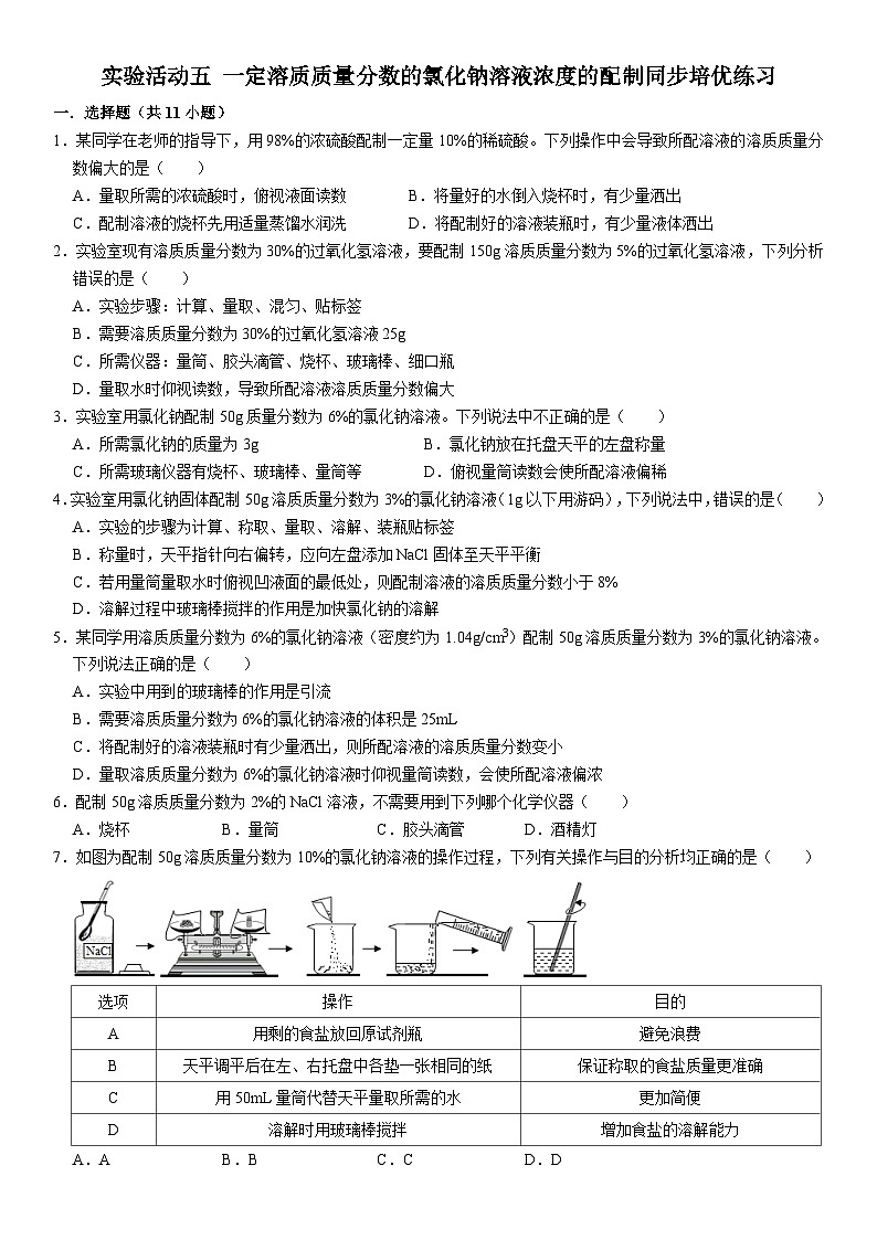 人教版初中化学九年级下册  实验活动五 一定溶质质量分数的氯化钠溶液浓度的配制同步培优练习01