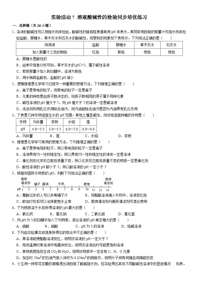 人教版初中化学九年级下册  实验活动7 溶液酸碱性的检验同步培优练习01