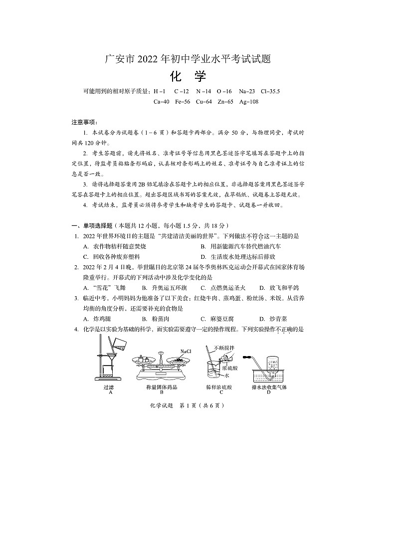 2022年四川省广安市中考化学真题01