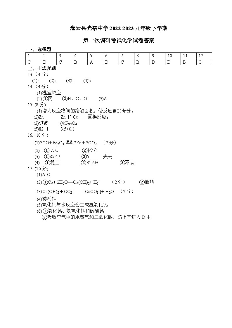 江苏省连云港市灌云县光裕中学2022-2023学年九年级下学期第一次调研考试化学试卷（月考）01