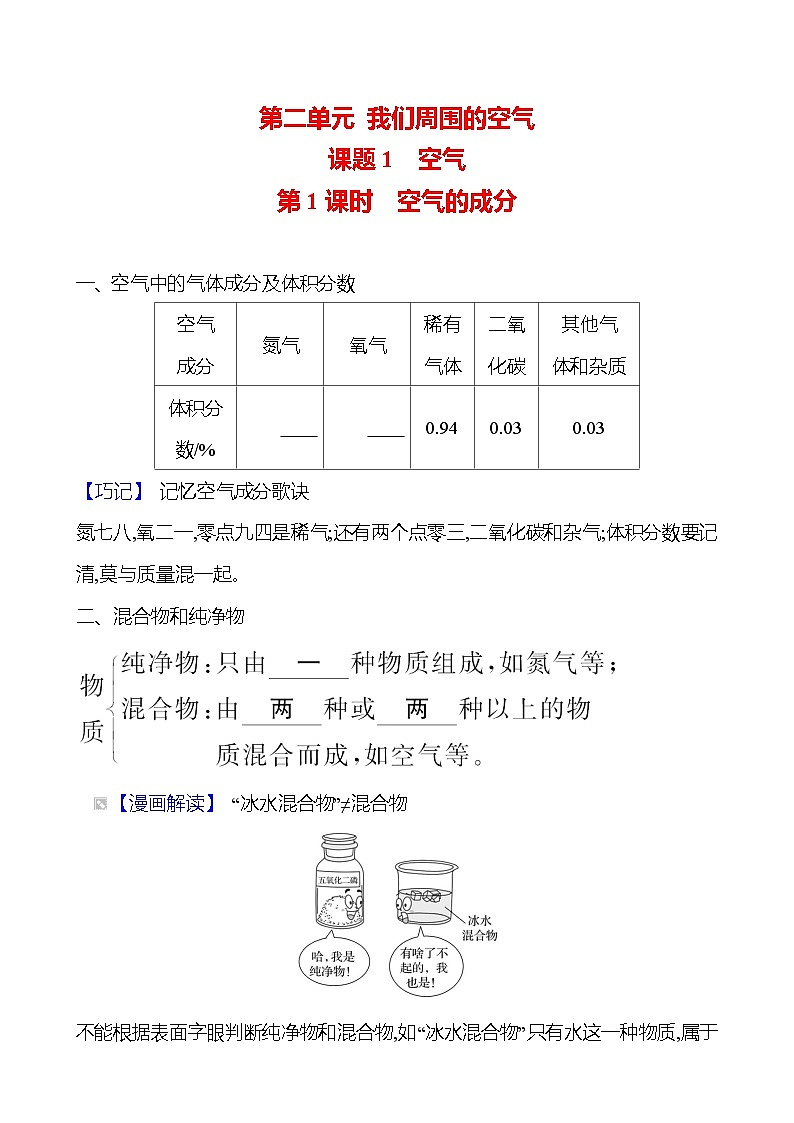 第二单元　课题1　第1课时　空气的成分 同步练习 （学生版）2023-2024 人教版化学九年级上册第1页