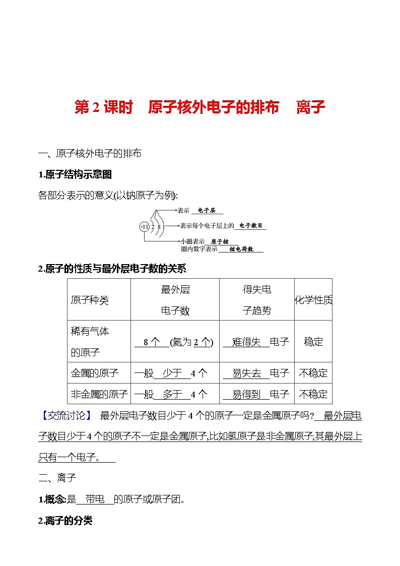 第三单元　课题2　第2课时　原子核外电子的排布　离子 同步练习 （教师版）2023-2024 人教版化学九年级上册第1页