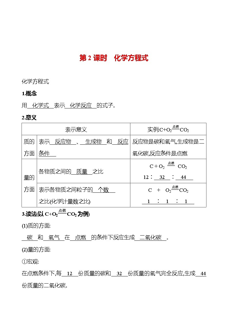 第五单元　课题1　第二课时　化学方程式 同步练习 2023-2024 人教版化学九年级上册01