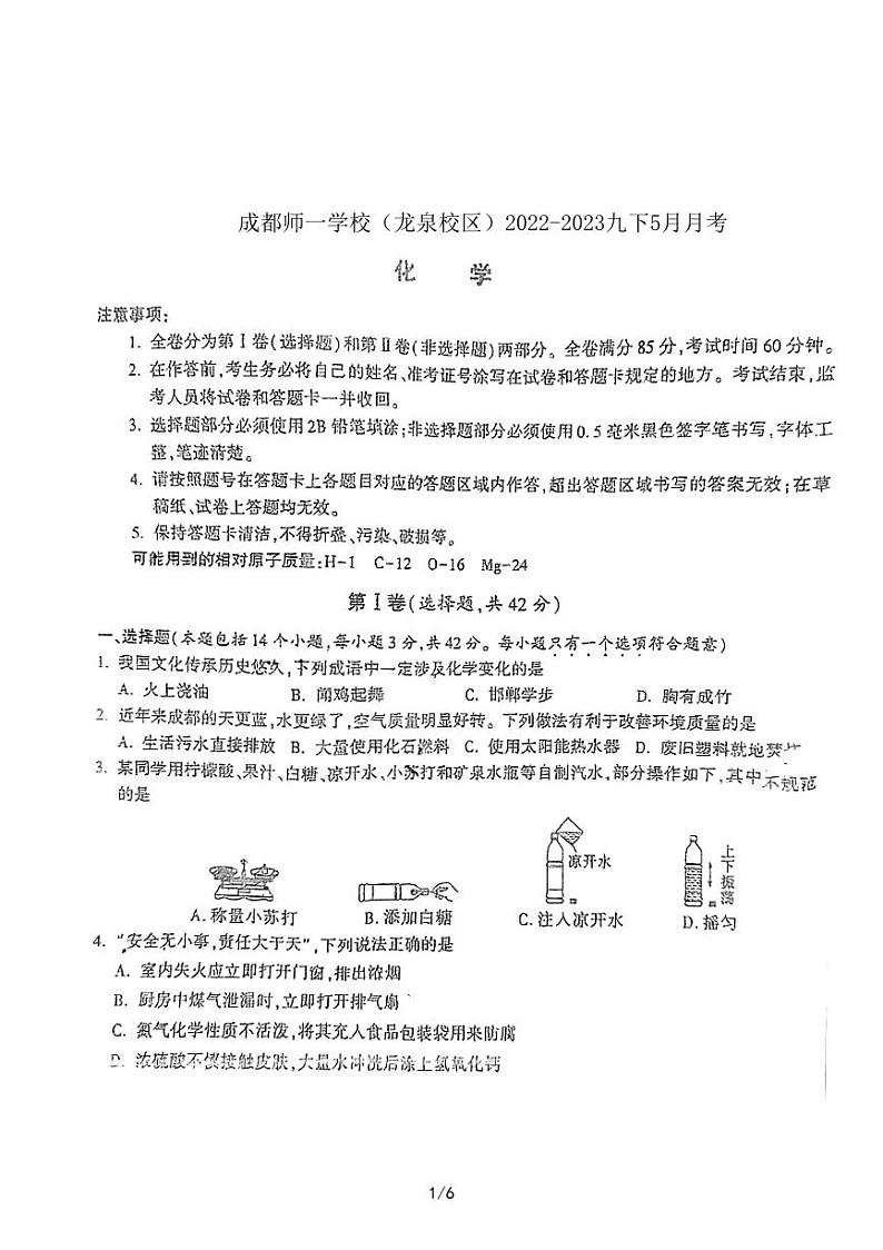 四川省成都市龙泉驿区师一中学校2022-2023学年九年级5月月考化学试题（图片版无答案）第1页