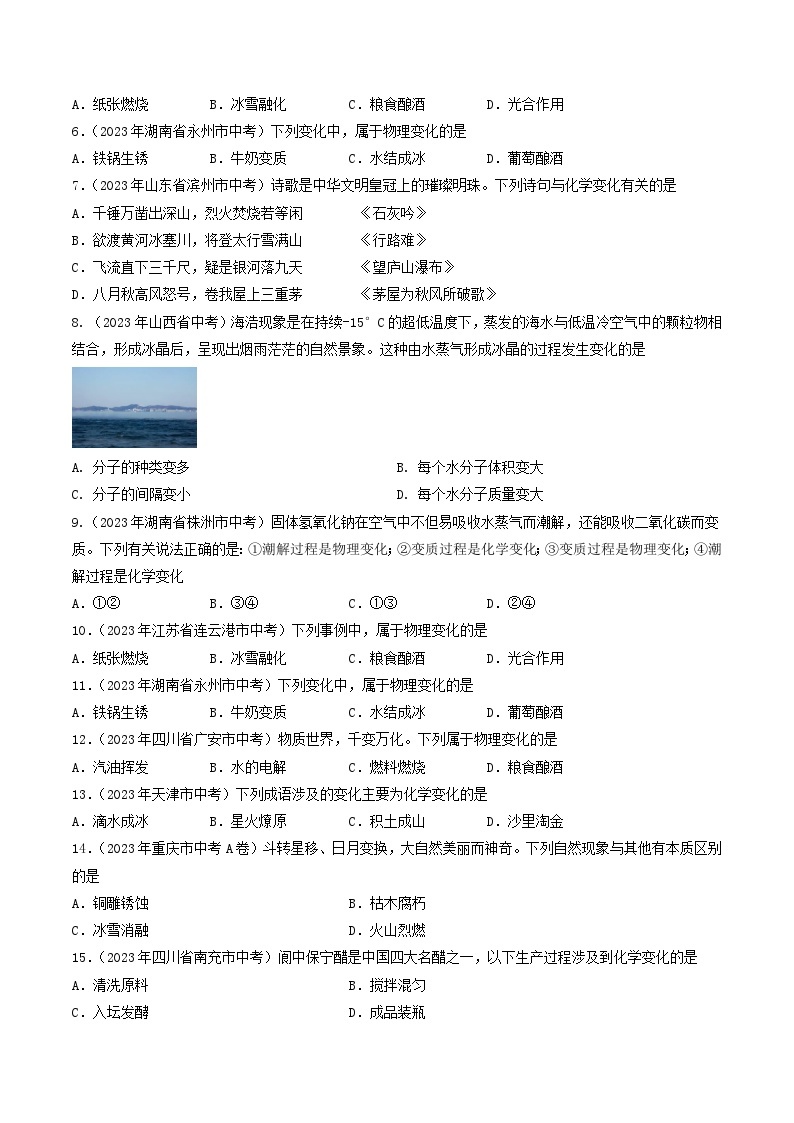 【期中单元测试卷】（沪教版）2023-2024学年九年级化学第一学期 1 化学的魅力【考点卷】02