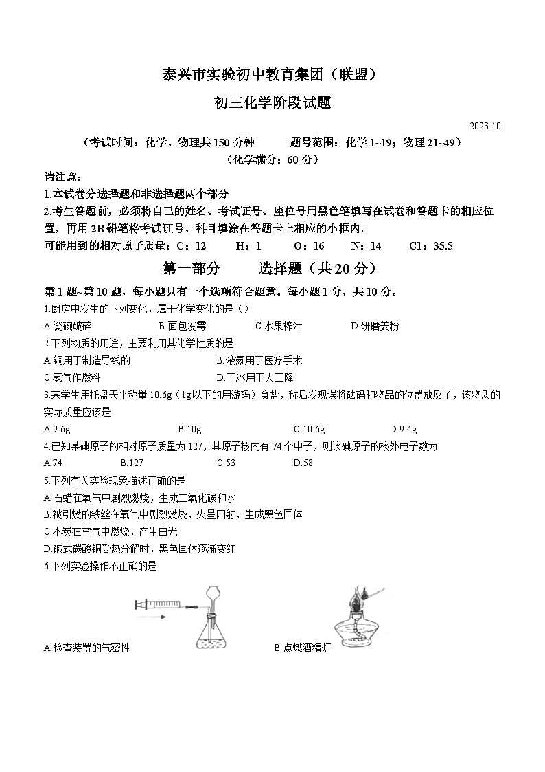 江苏省泰兴市实验初中教育集团（联盟）2023-2024学年九年级上学期阶段测试化学试题01