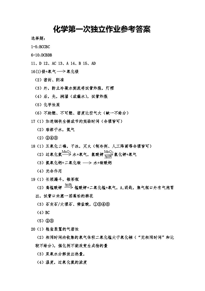 2023年秋学期九年级化学第一次独立作业答案第1页