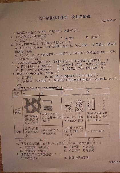 山东省聊城市东昌府区李海务街道办事处中学2023-2024学年九年级上学期10月月考化学试题（月考）第1页