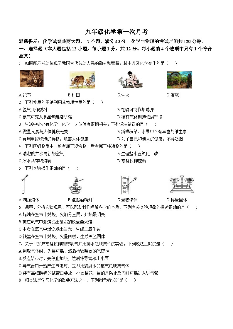 安徽省宣城市宁国市开发区实验学校2023-2024学年九年级上学期第一次素质诊断化学试题（月考）第1页