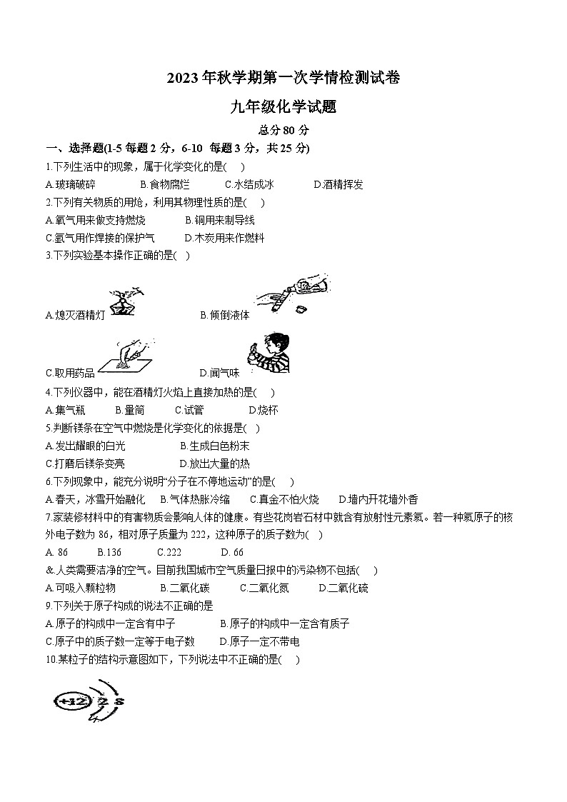 甘肃省张掖市甘州区大成中学2023-2024学年九年级上学期第一次学情检测化学试题(无答案)（月考）01