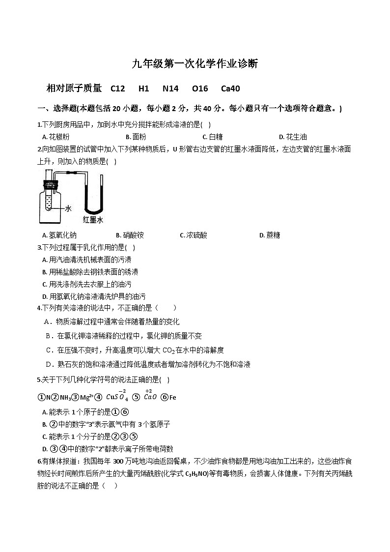 山东省新泰市青云中学2023-2024学年九年级上学期10月月考化学试题第1页