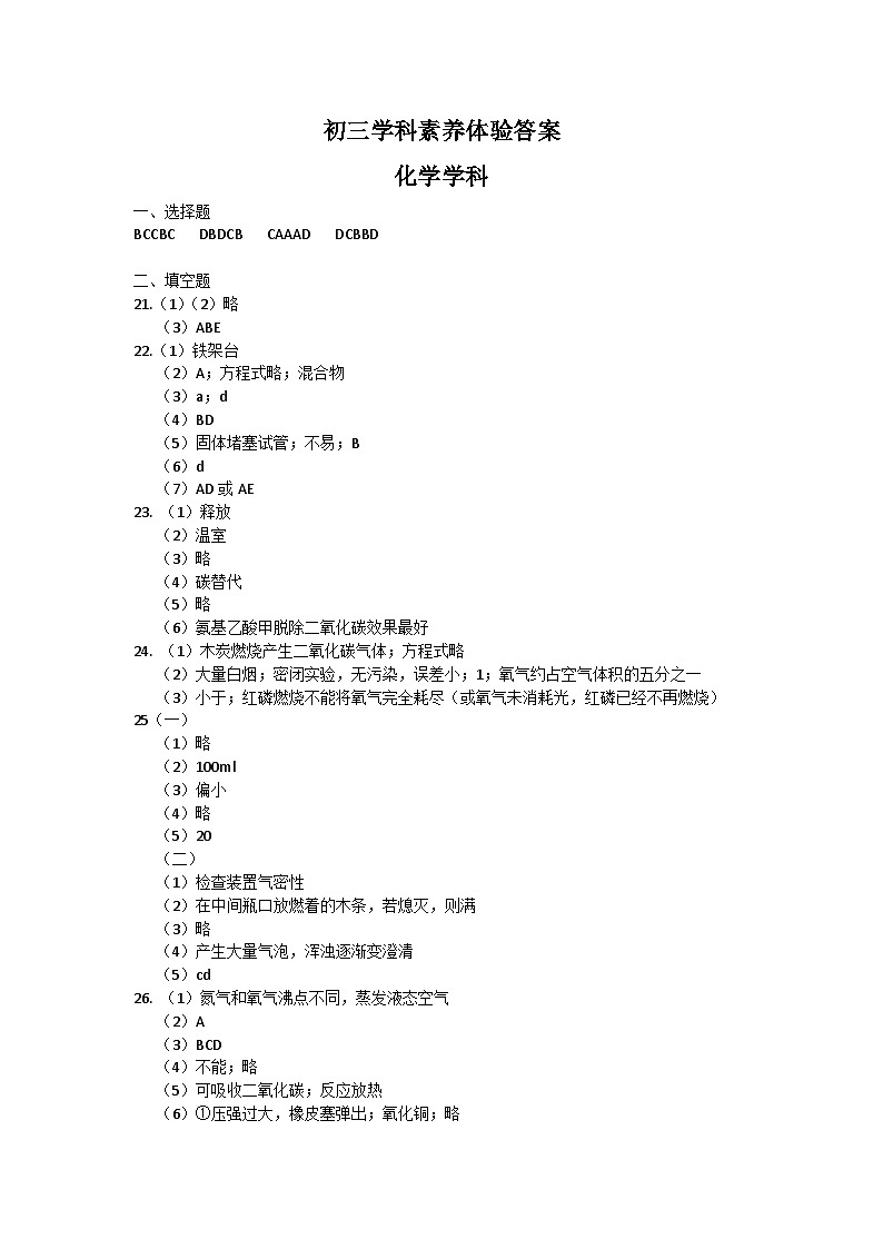 初三化学学科素养答案第1页