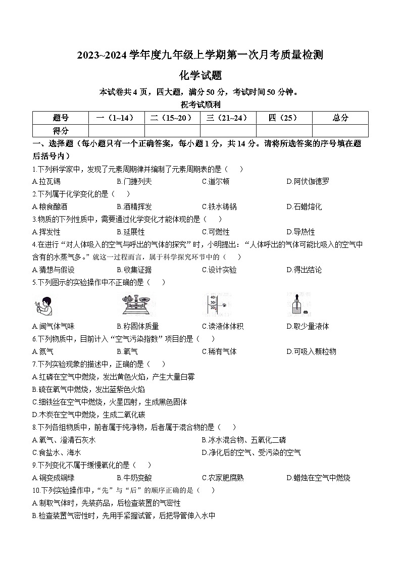 河南省信阳市平桥区2023-2024学年九年级上学期10月月考化学试题01