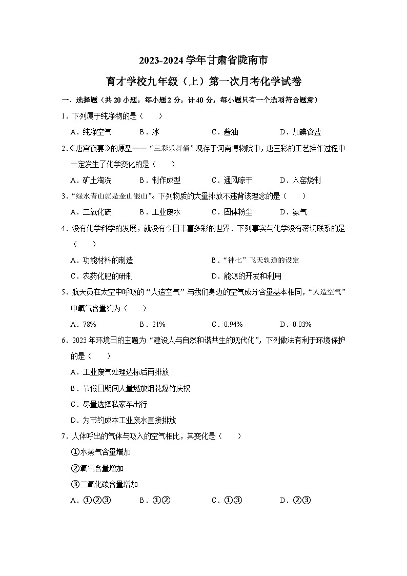 甘肃省陇南市育才学校2023-2024学年九年级上学期第一次月考化学试卷（月考）第1页