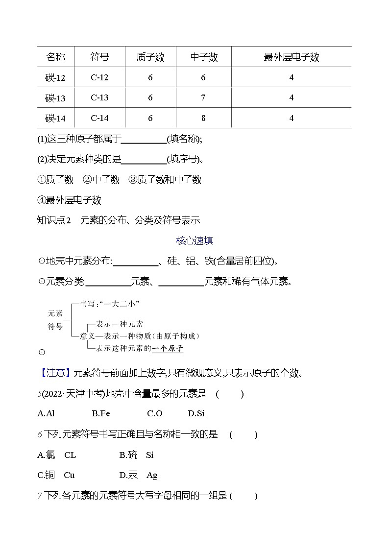 第三单元 课题3 第一课时  元素 元素符号 课时练 2023-2024人教版化学九年级上册02