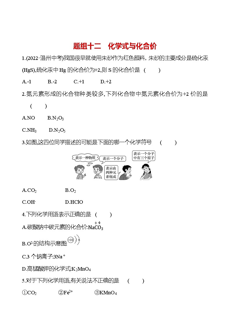 题组十二　化学式与化合价 课时练（原卷版） 2023-2024人教版化学九年级上册第1页