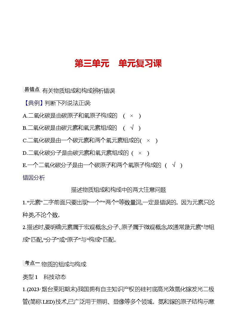 第三单元  单元复习课 同步练习2023-2024 鲁教版化学 八年级全一册01