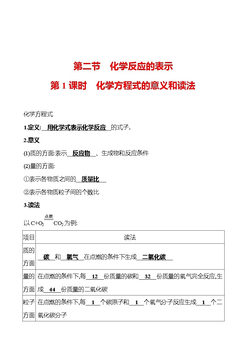 第五单元  第二节　第一课时　化学方程式的意义和读法 同步练习2023-2024 鲁教版化学 八年级全一册01