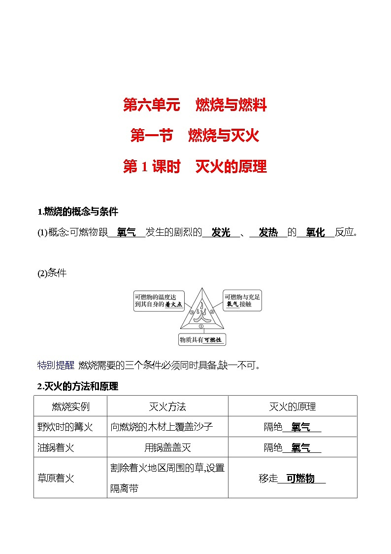第六单元  第一节　第一课时　灭火的原理 同步练习2023-2024 鲁教版化学 八年级全一册01