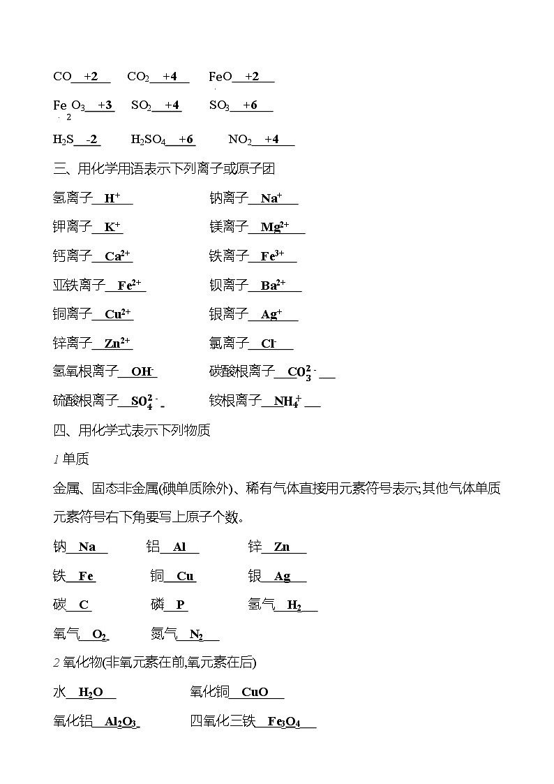 进阶提升专项（二） 化学用语 课时练 2023-2024人教版化学九年级上册02
