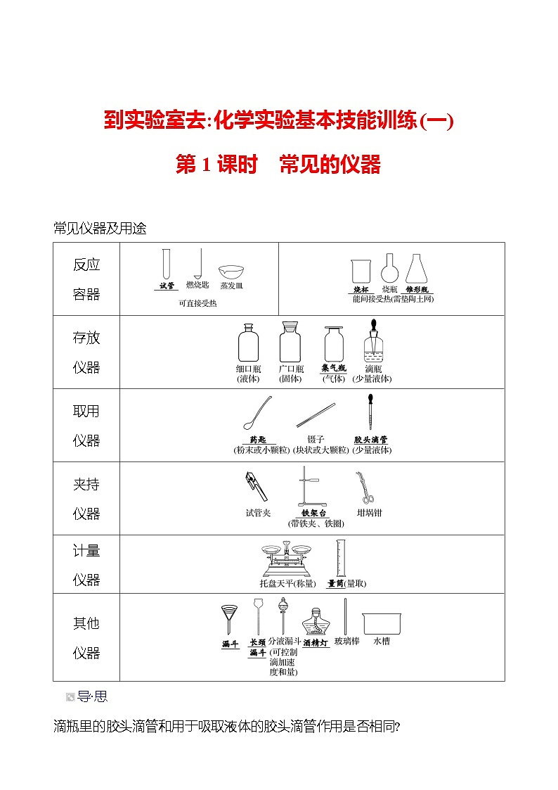 到实验室去：化学实验基本技能训练(一)  第1课时　常见的仪器 同步练习2023-2024 鲁教版化学 八年级全一册01