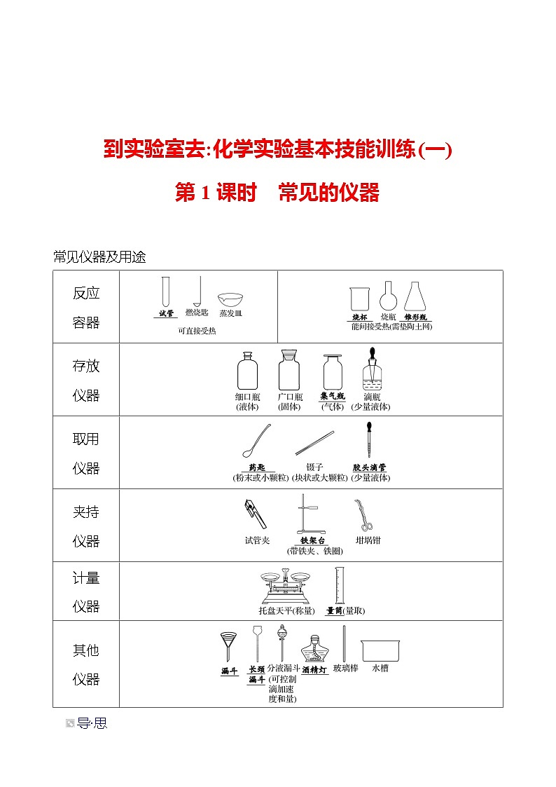 到实验室去：化学实验基本技能训练(一)  第1课时　常见的仪器 同步练习2023-2024 鲁教版化学 八年级全一册01