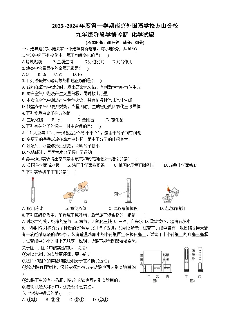 江苏省南京市外国语学校方山分校2023~2024学年九年级上学期10月月考化学试题（月考）第1页