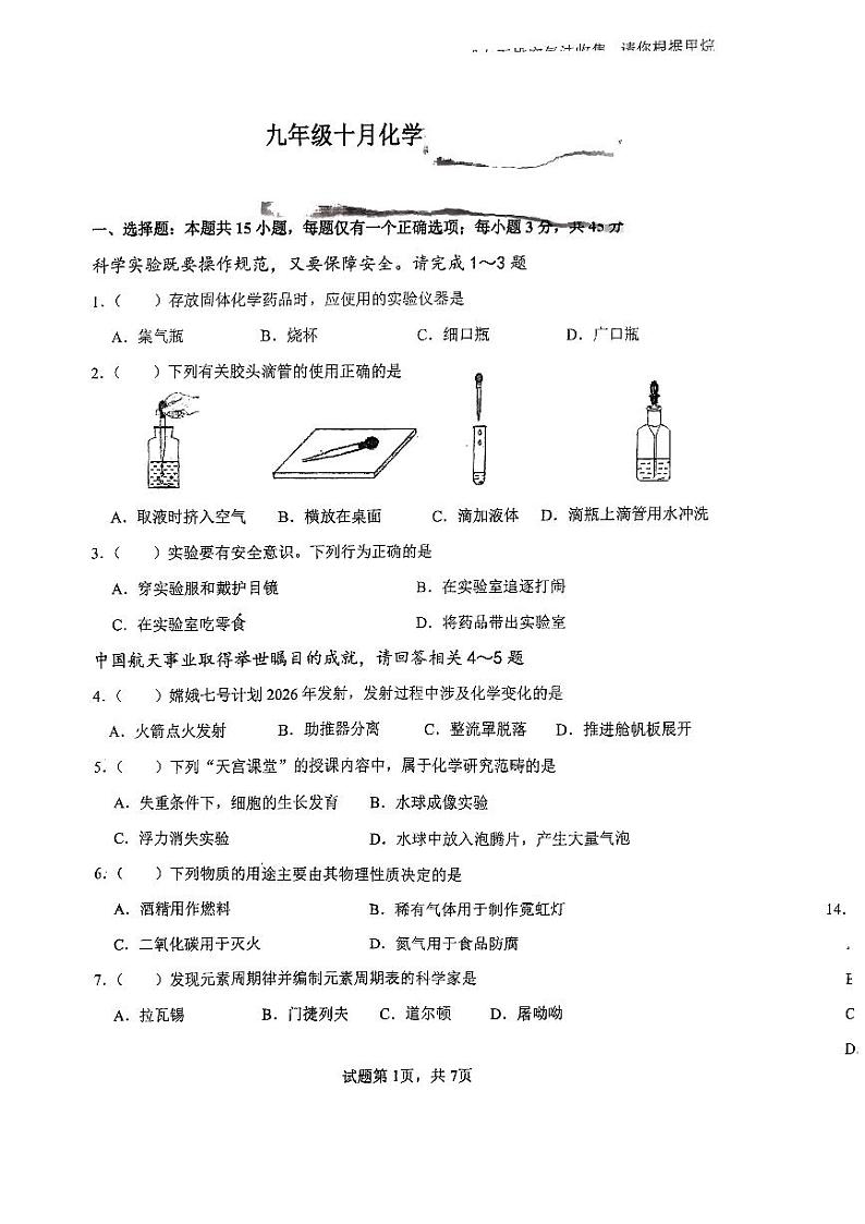 广东省中山市教学共进联盟2023-2024学年九年级上学期10月月考化学试题第1页