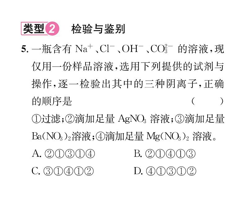 科粤版九年级化学下册第八章小专题5  物质的共存、检验与鉴别、分离与除杂课时训练课件PPT第5页