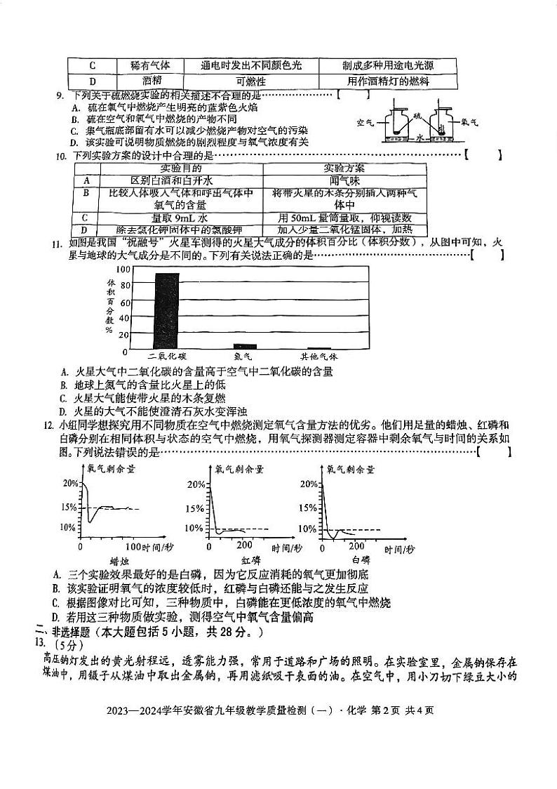 安徽省合肥市第四十五中学2023~2024学年九年级上学期教学质量检测一化学试卷（月考）第2页
