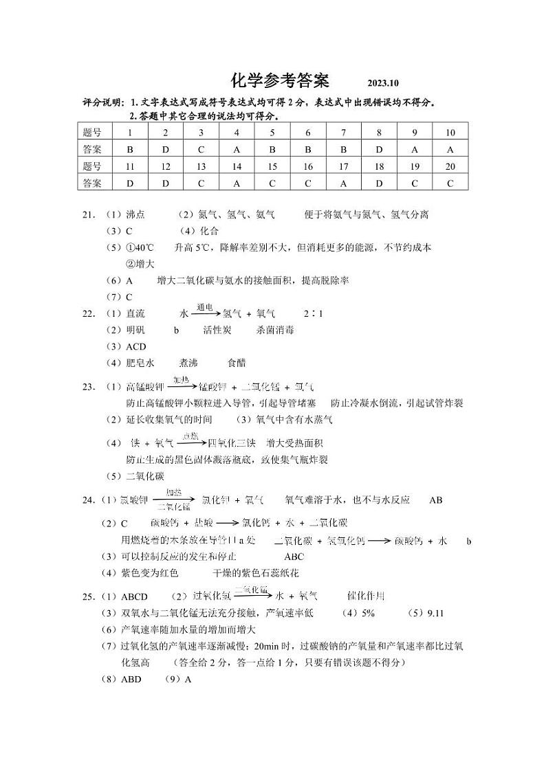九年级化学参考答案第1页